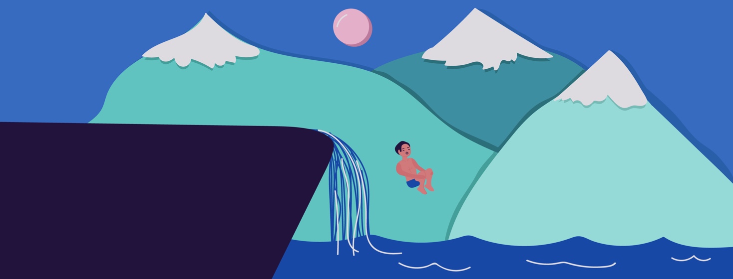 person doing a cannonball off waterfall with mountains in the backround