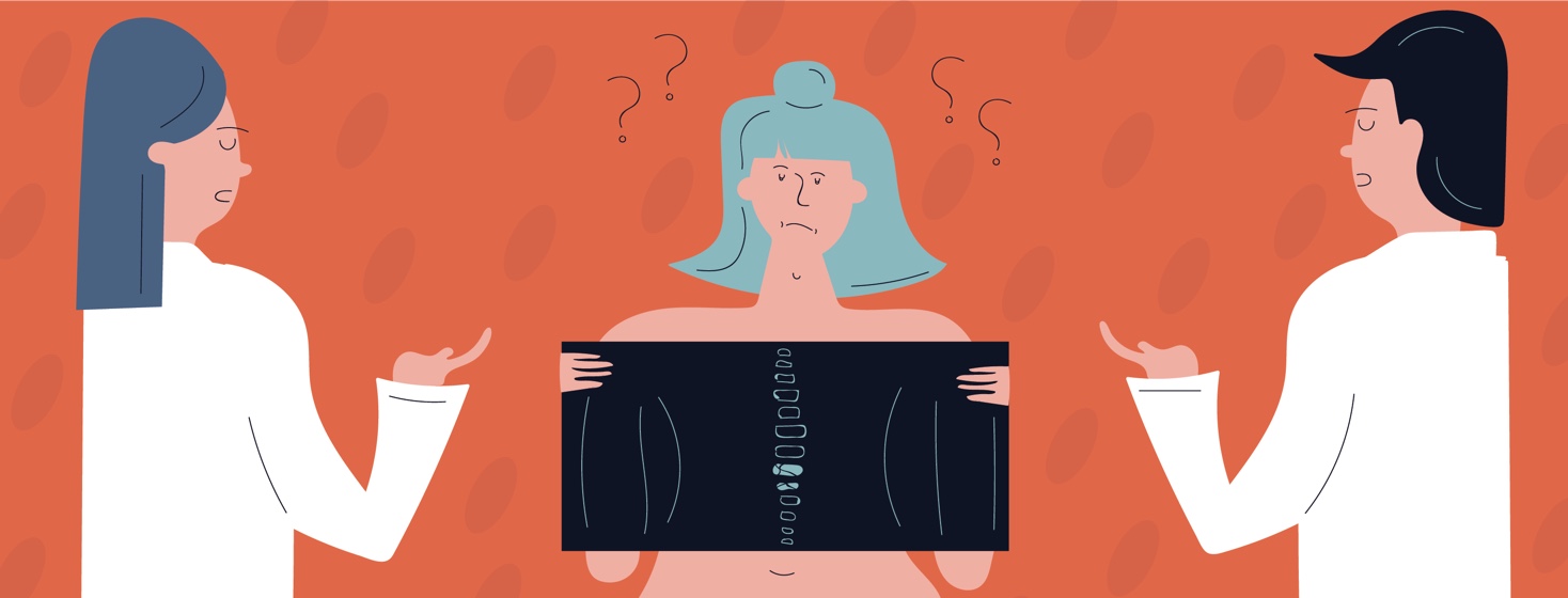 Confused woman with spine x-ray with doctors on either side of her