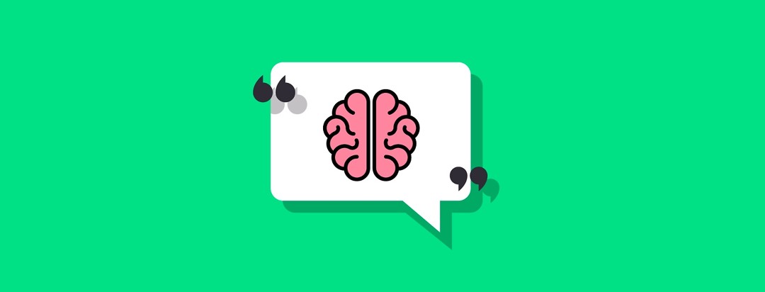 A brain in a speech bubble with quotation marks on either side of it