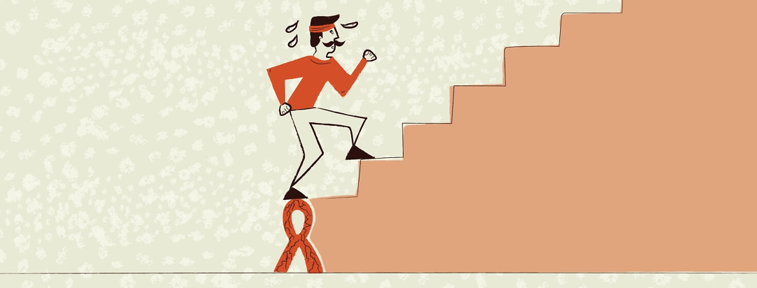 A man climbing up stairs with a leukemia awareness ribbon giving him a boost