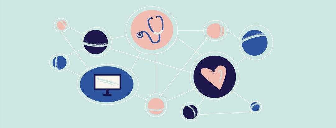 a stethoscope, a heart, and a computer in connected circles