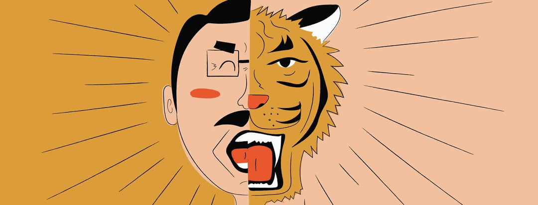 An image split in half with a man yelling on one side and a tiger roaring on the other