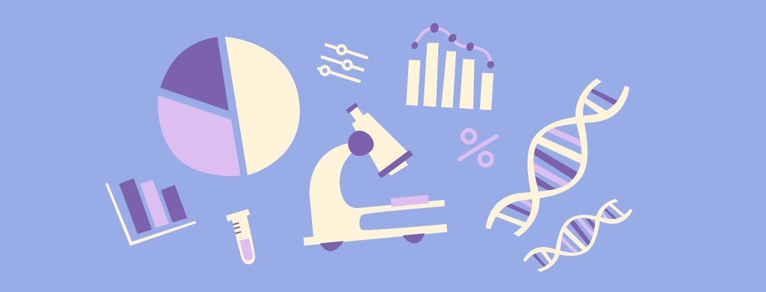 A microscope, bar graph, pie graph, and DNA strands in a collage on a blue background.