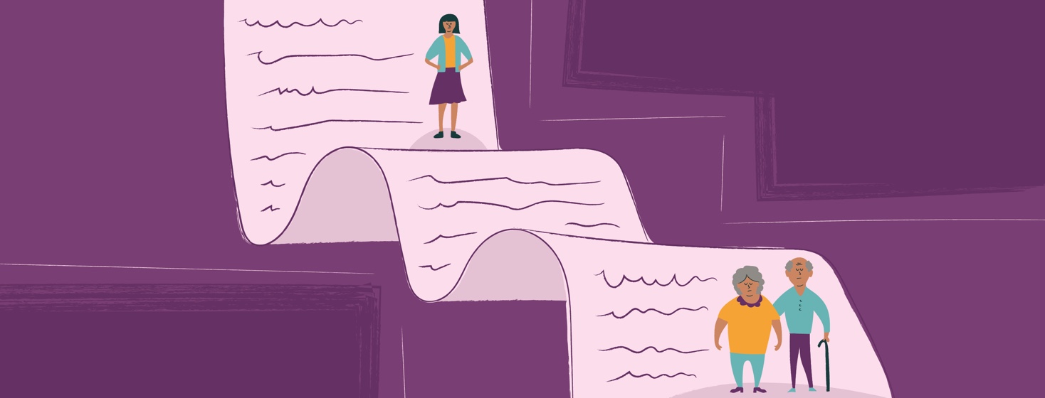 a letter with a woman at the top separated from her parents at the bottom