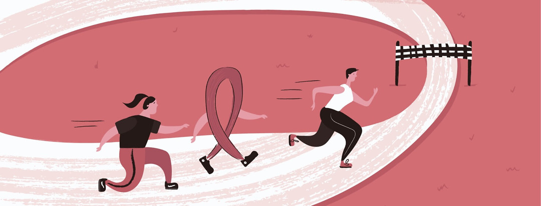 two woman and a cancer ribbon running a race