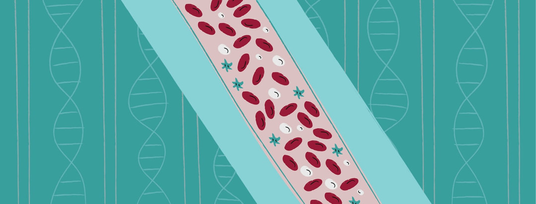 DNA strands behind a close up view of bone marrow with too many red blood cells