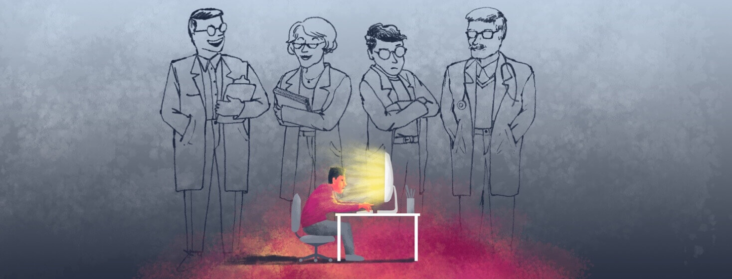 doctors looming above a person sitting at a computer researching