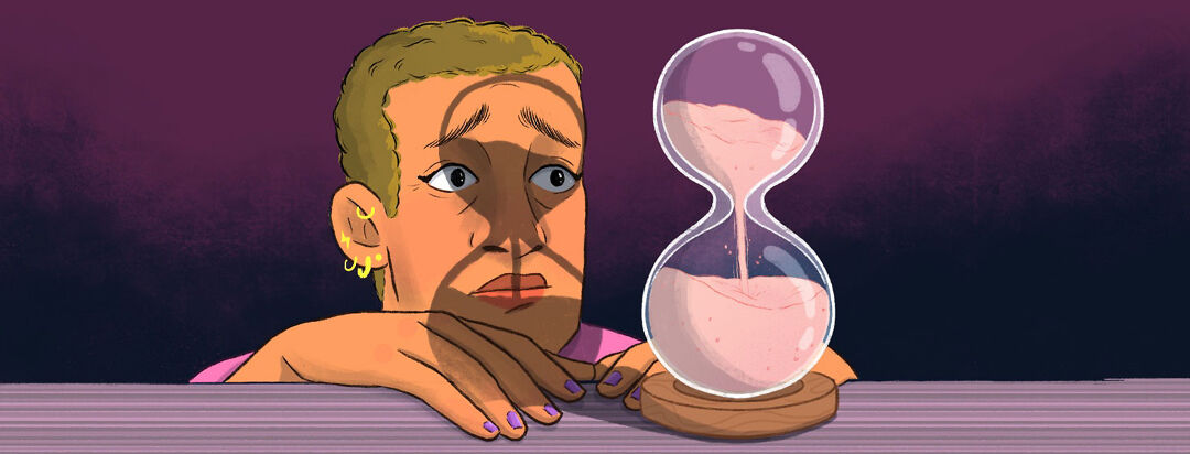 a woman stares at an hourglass time shadow on her face