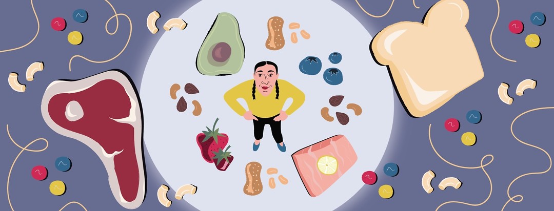 a woman surrounded by healthy food, creating a barrier between her and unhealthy food