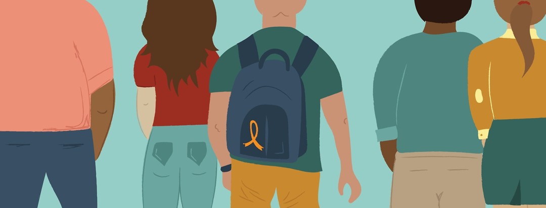 a group of people from the back standing in a line, one with a backpack that has an orange cancer ribbon on it