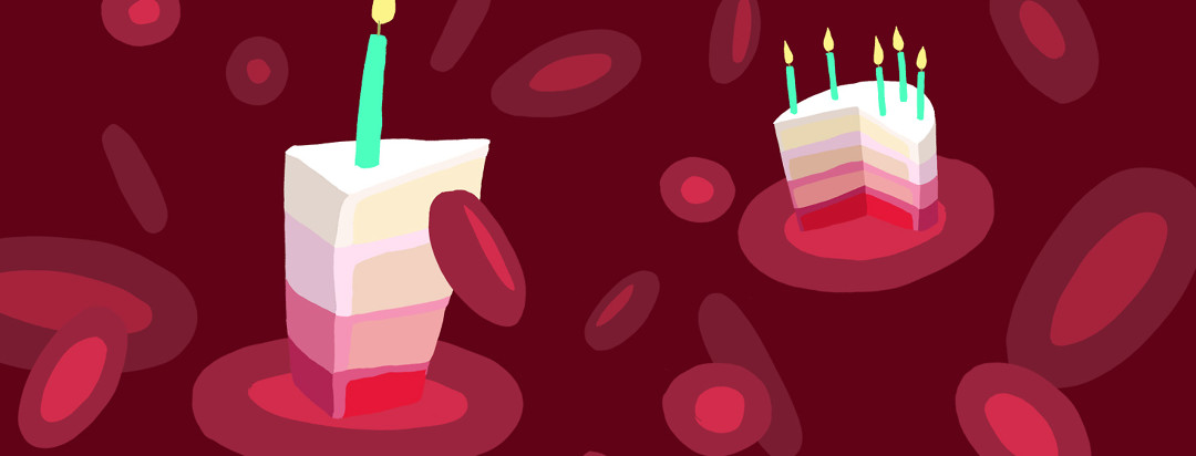 Cake with candles on plates made of blood cells