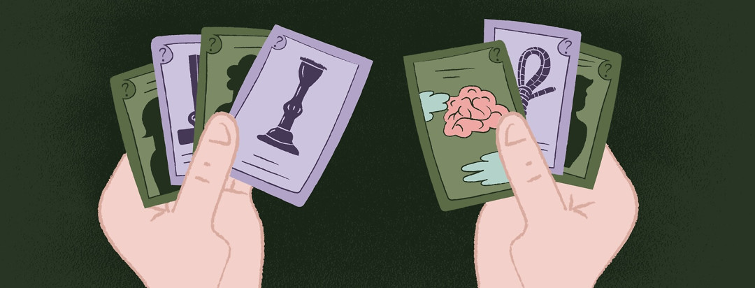 a pair of hands holding Clue game cards, showing suspects, a candlestick, rope, and a brain surrounded by clouds