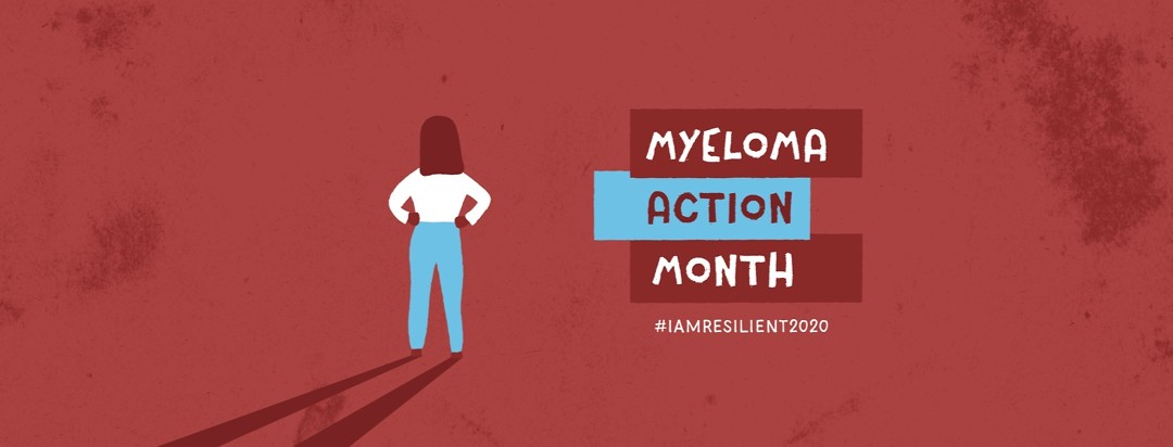 woman standing in a super hero stance with the words myeloma action month next to her
