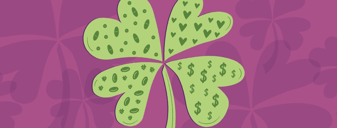 a four leaf clover with a different pattern in each leaf including blood cells, pills, hearts, and dollar signs