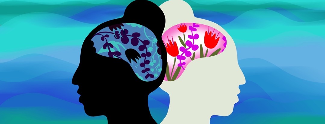 A woman's head is reflected and faced back to back - one of the brains encompasses vibrant colorful flowers, while the other includes dark and wilted flowers