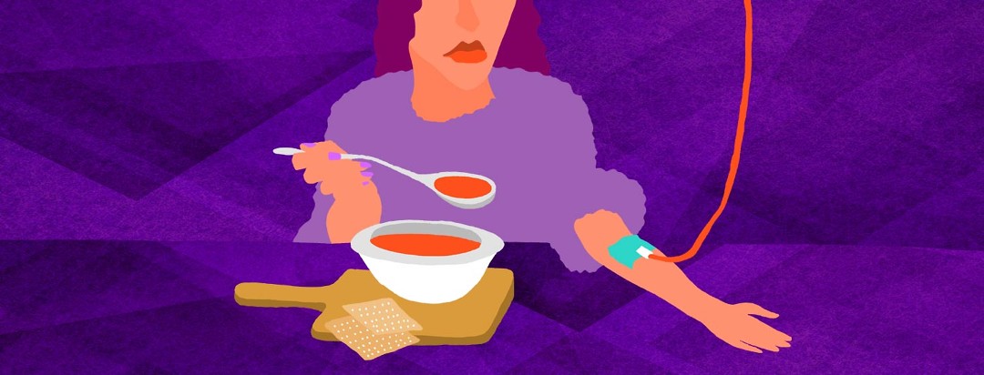a woman eating soup with an IV in her arm