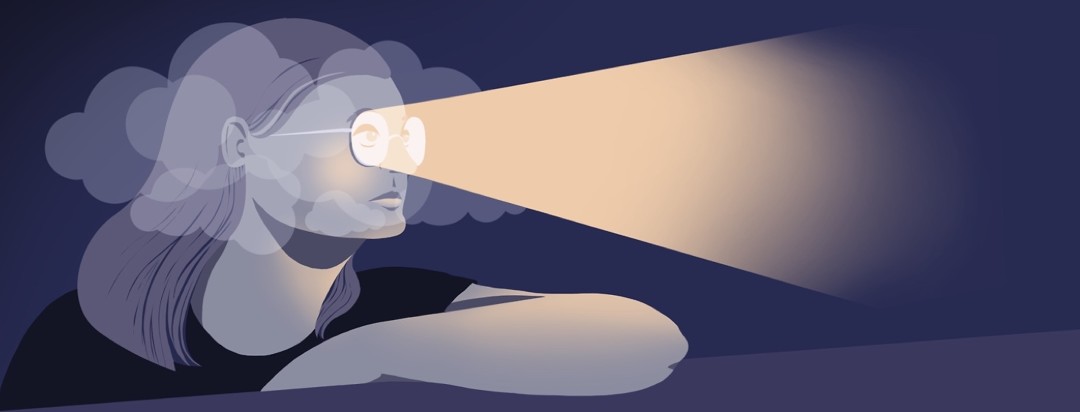 A woman with clouds surrounding her head looks through her glasses The path from her glasses which are illuminating a path forward