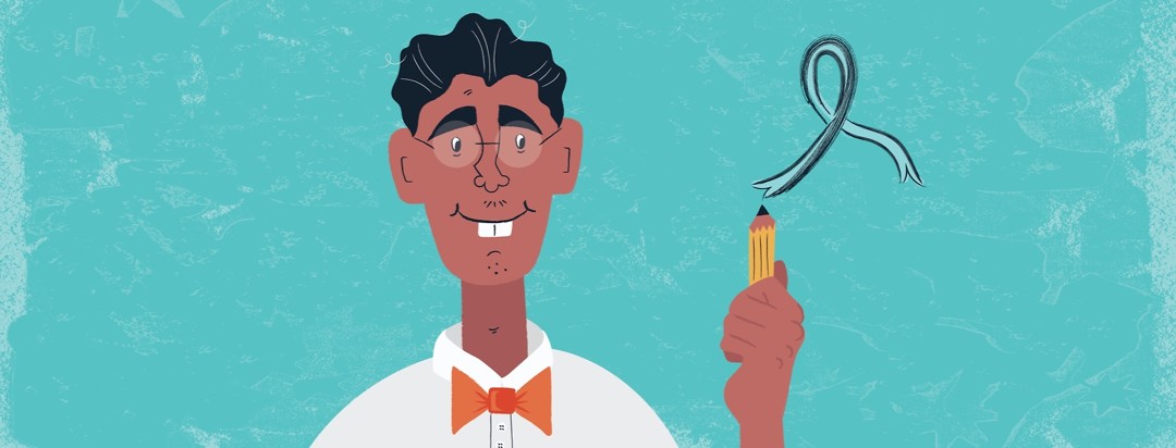 a nerdy looking man with glasses and a bowtie holds a pencils that draws a cancer ribbon