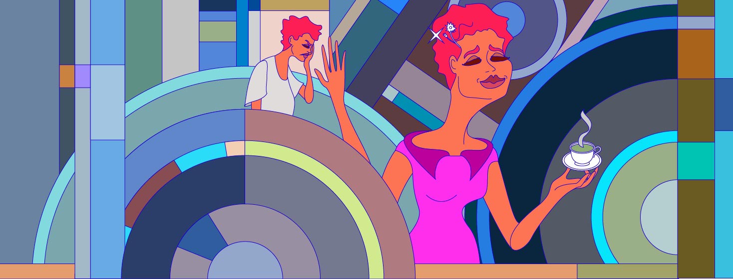 a chic, glamorous, confident woman is holding tea as she dismisses with her hand a sad, miserable alternate version of herself