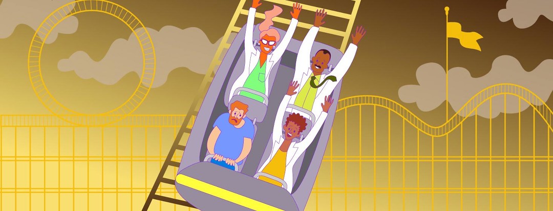 a man is miserable on a roller coaster with fellow passengers who are all doctors and who are all enjoying the ride