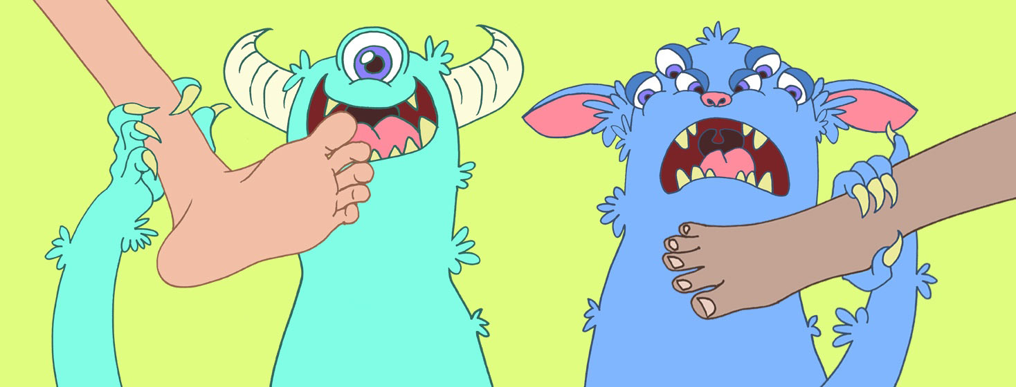 two colorful, whimsical monsters are each about to snack on a human foot