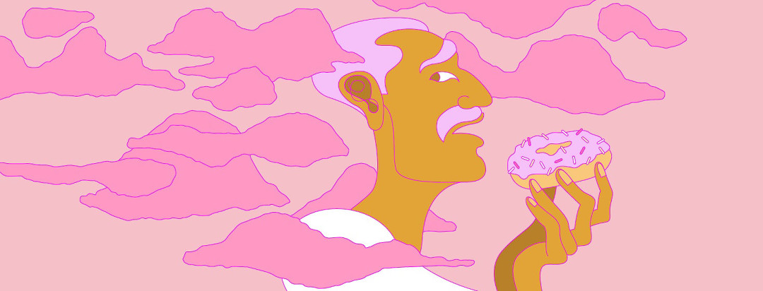 a pink image of a man eating a donut as pink clouds roll in from behind