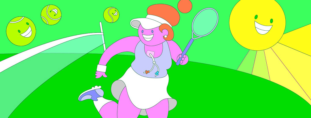 a bright and cheery image of a woman playing tennis with a Hickman line.