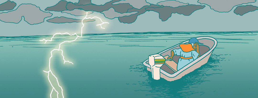 a lonely defeated man is alone at sea in an outboard motor boat during a storm