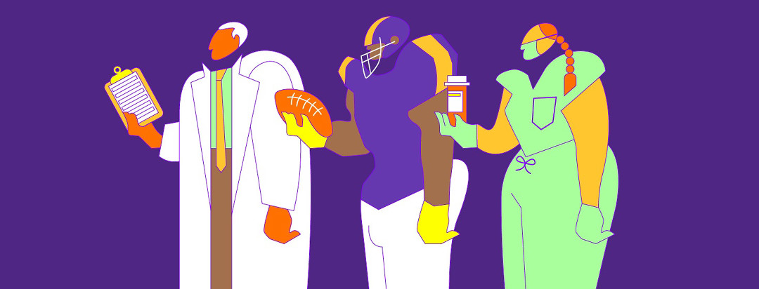 three bulky figures: a doctor, a nurse, and a football player.