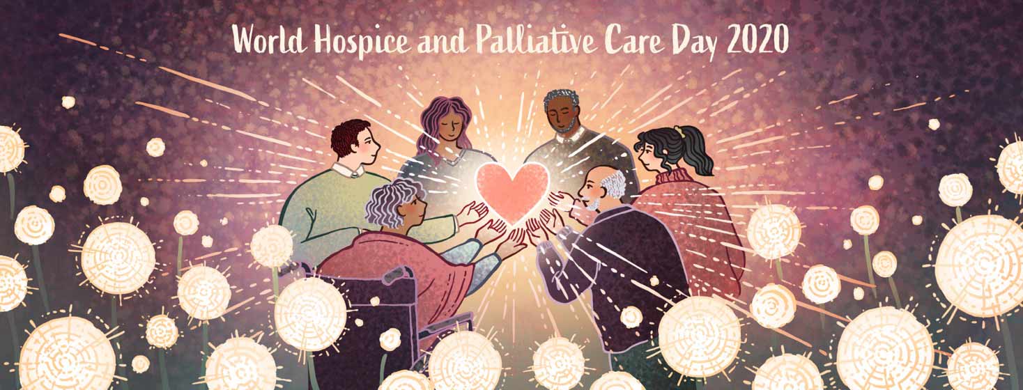 A diverse group of people hold a glowing heart together in honor of World Hospice and Palliative Care Day 2020.