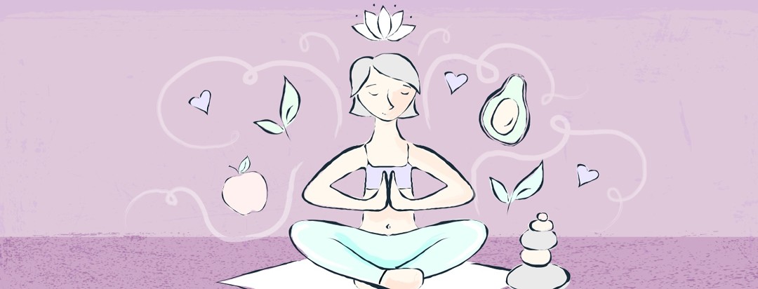 A woman practicing yoga, She is surrounded by images of fresh, healthy foods