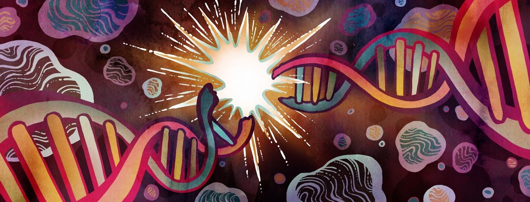 A colorful chain of DNA is broken by a bright spark of light in the center