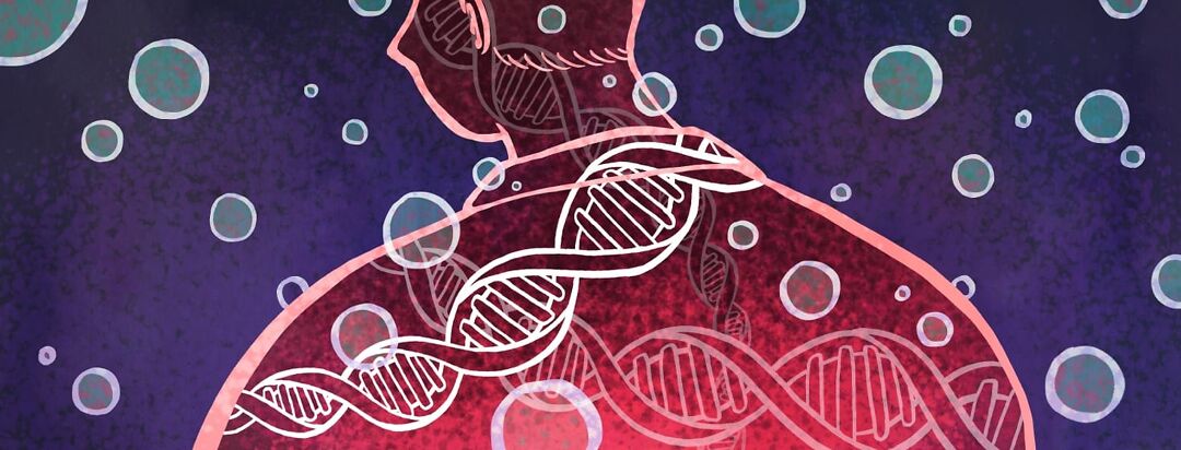 DNA strands float inside a person's silhouette