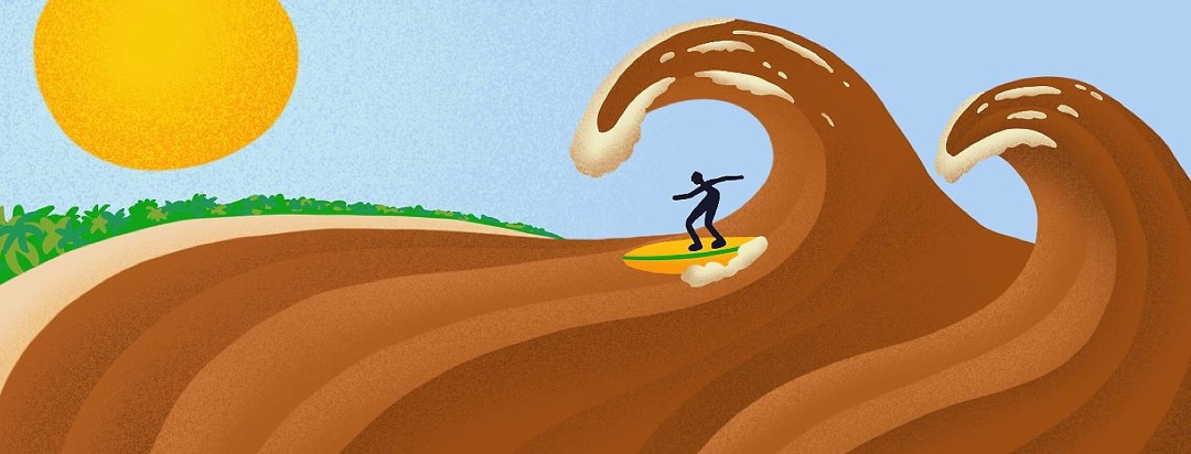 Surfer is riding a big brown wave