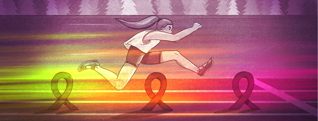 Woman leaps over track and field hurdle in the shape of cancer ribbon