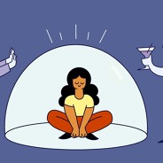 Woman sits calmly in bubble that is keeping out problems and stressors