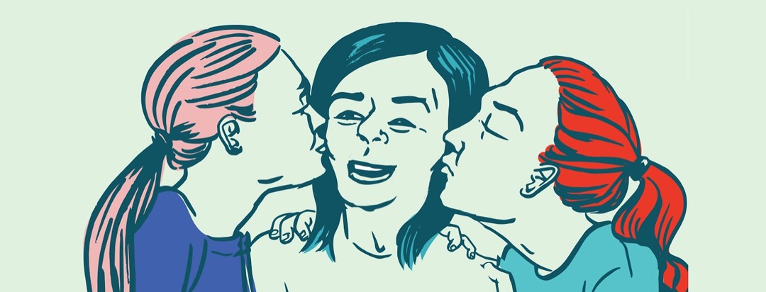 Two women kiss their sister on the cheek