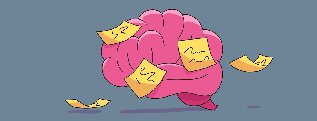 A brain with yellow sticky notes all over it