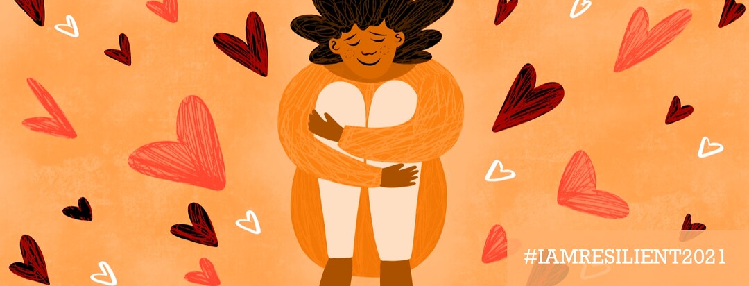 A woman surrounded by hearts hugs herself