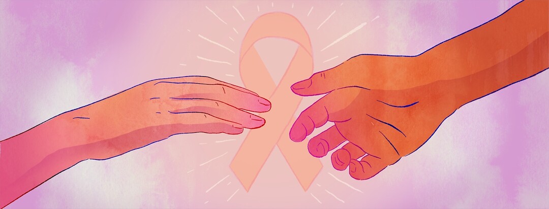 Two hands reach out for each other with a cancer ribbon in the background