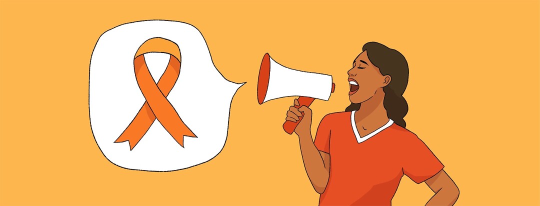 A woman with a megaphone shouts a speech bubble with an orange cancer ribbon