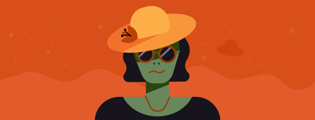 An alien wearing sunglasses and a sunhat