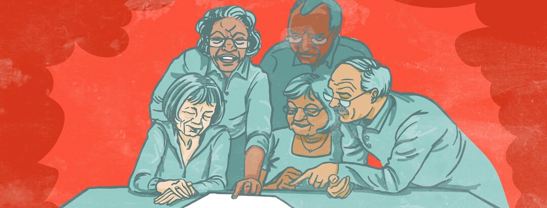 A group of senior citizens read a paper together