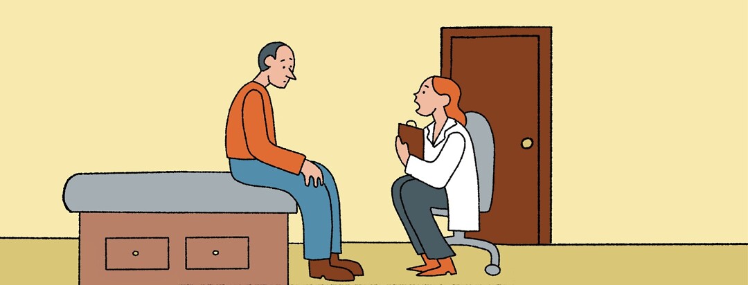A doctor talking to a patient in an exam room