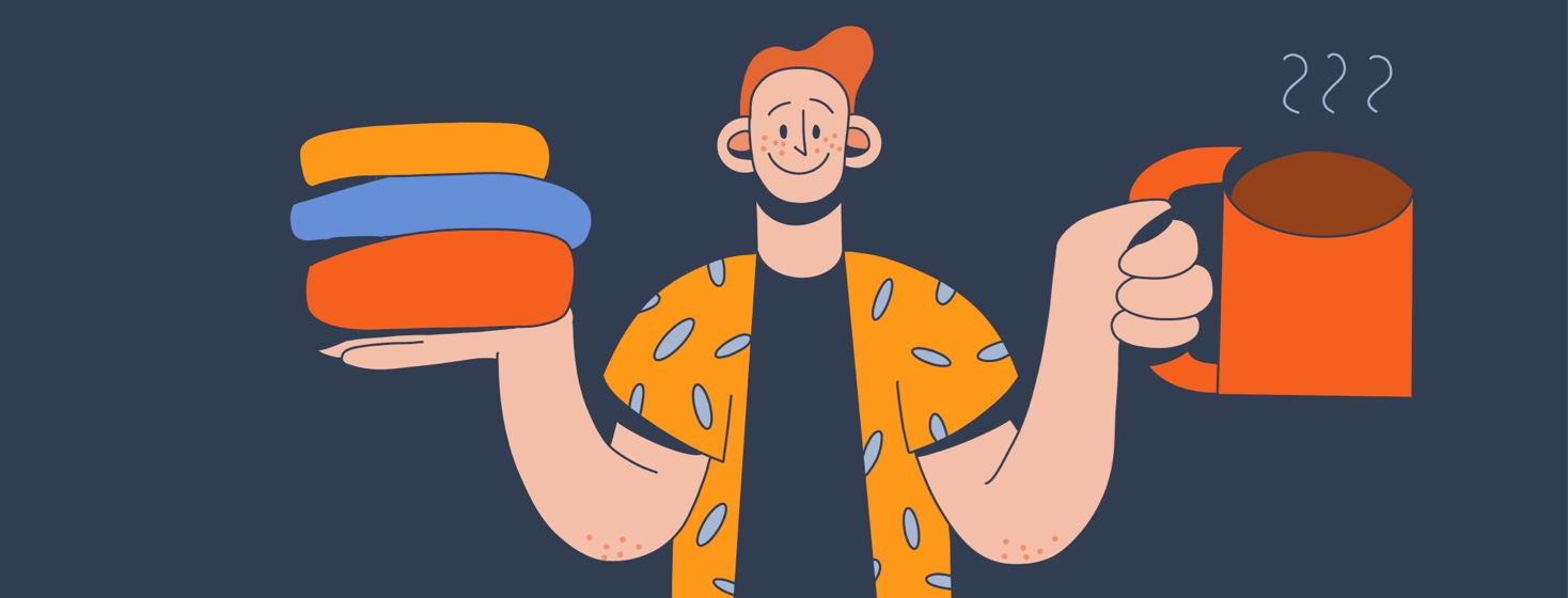 A young man offering a coffee cup in one hand and a pile of clean clothes in the other