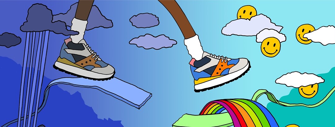 Legs wearing bright sneakers walk from a cloudy sky to a sunny one