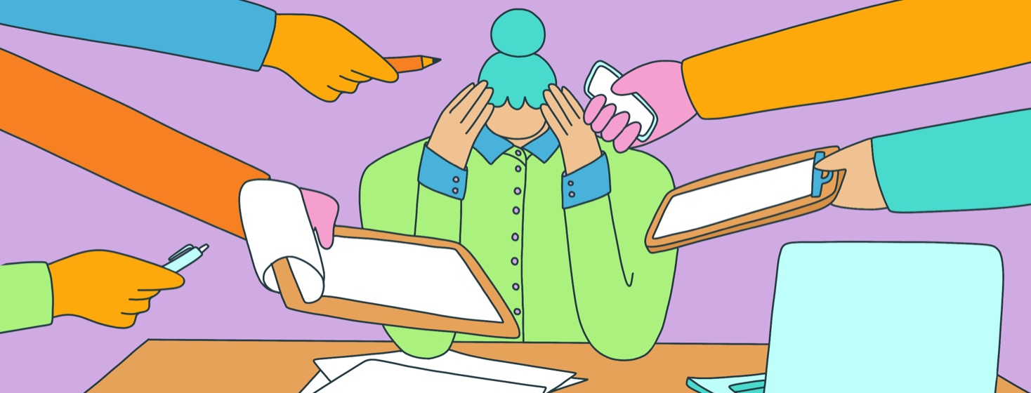 A woman at work sitting at her desk with her head in her hands while multiple hands enter the frame with clipboards, papers and pens