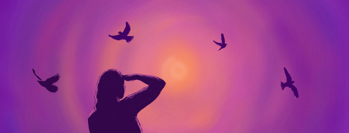 Silhouette of a woman looking at the glowing center of an abstract background, shielding her eyes from the light, with a few birds flying all around.