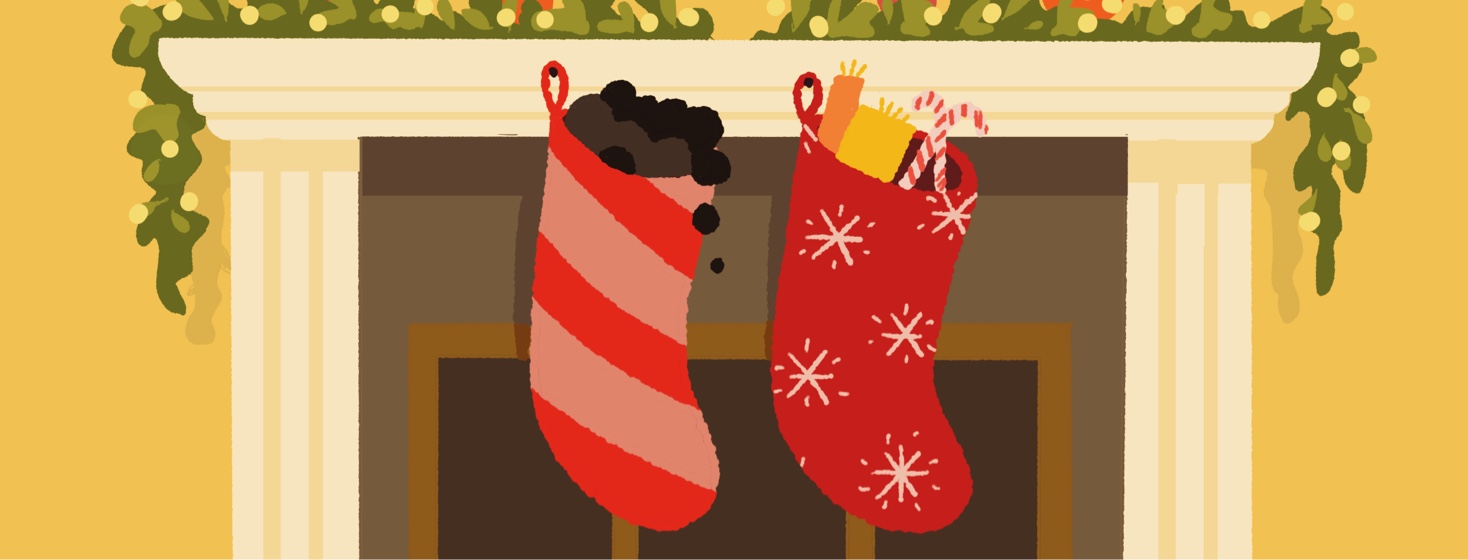 Two stockings on a mantlepiece, one with toys, one with coal