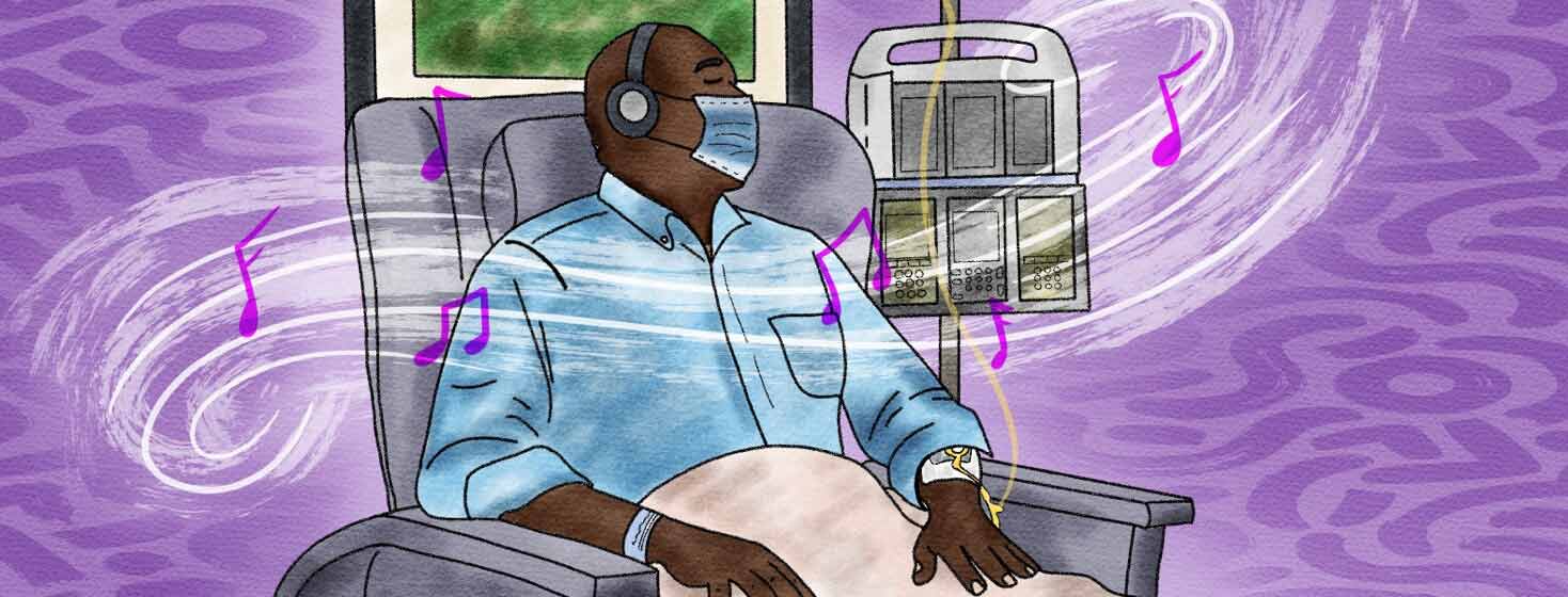 Adult Poc Male receiving chemo treatment wearing headphones while music swirls around him
